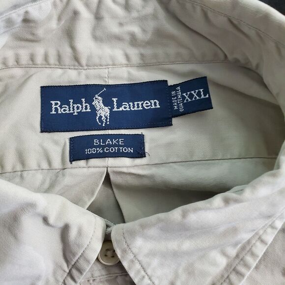 Ralph Lauren Mens Button Up Shirt Tan Size Large Cotton Long Sleeve Blue Pony - Picture 8 of 9